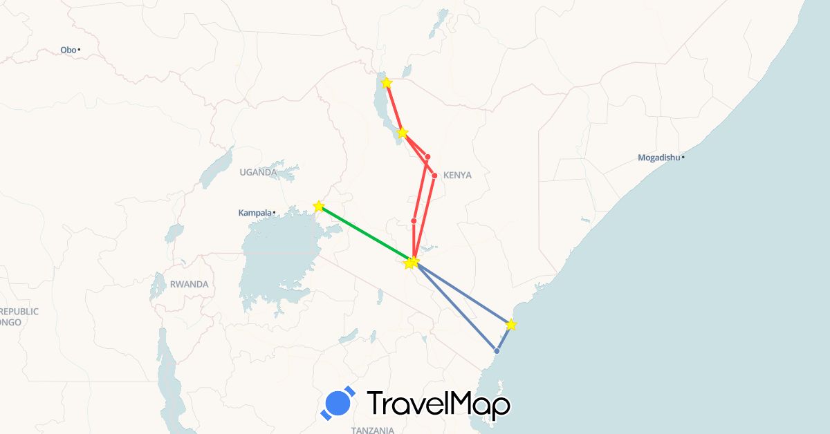 TravelMap itinerary: driving, bus, cycling, hiking in Kenya (Africa)